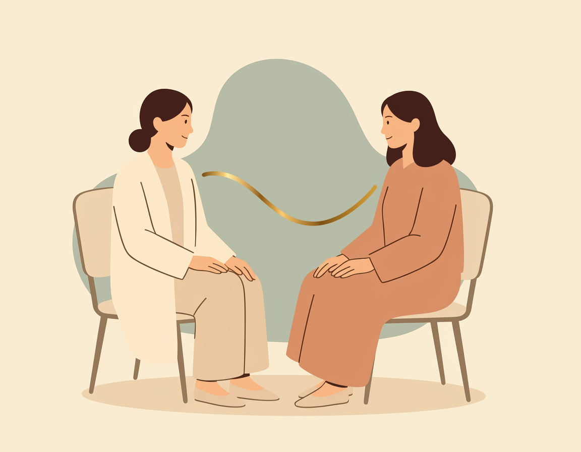 醫師與患者一對一諮詢評估痘疤型態與膚況抽象插畫,金線象徵客製化療程規劃